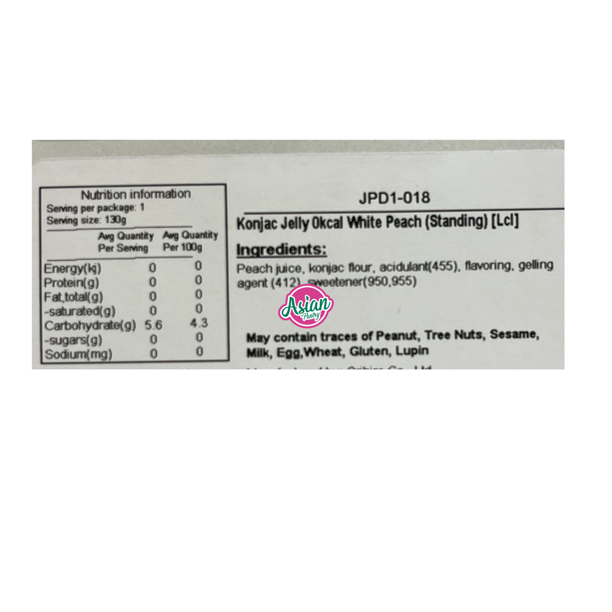 Orihiro Konjac Jelly Okcal Peach (Berdiri) 130g