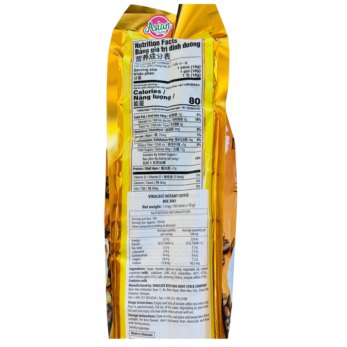 Vinacafe Gold Instant Coffee Mix 3 in 1 (100sticks) 1.8kg