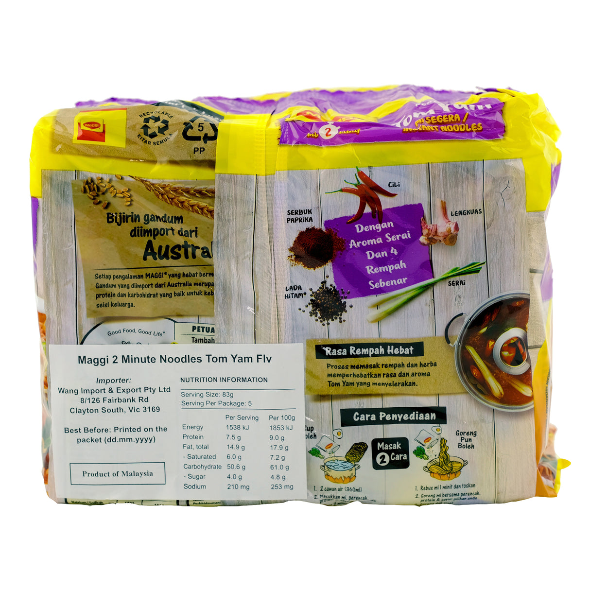 Maggi Tom Yum Noodles 5 Pack 415g Back