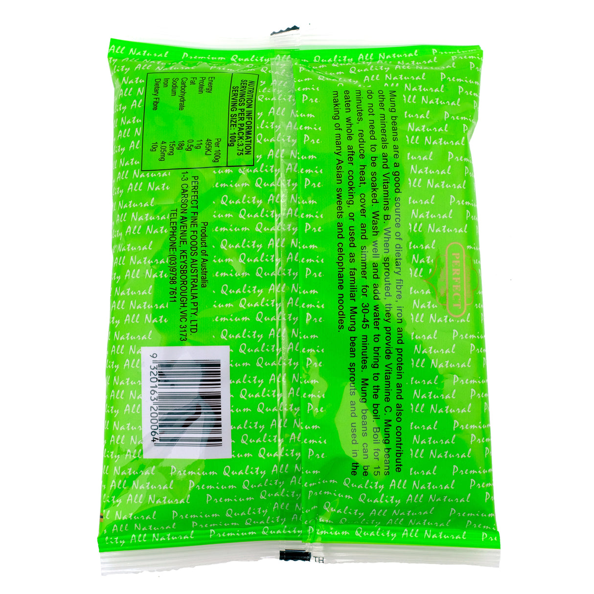 Perfect Fine Foods Whole Mung Beans 375g Back