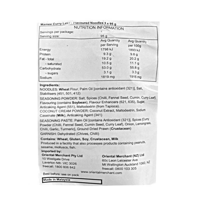 Mamee Chef Curry Laksa 95g x 4 pack 380g Nutritional Information & Ingredients