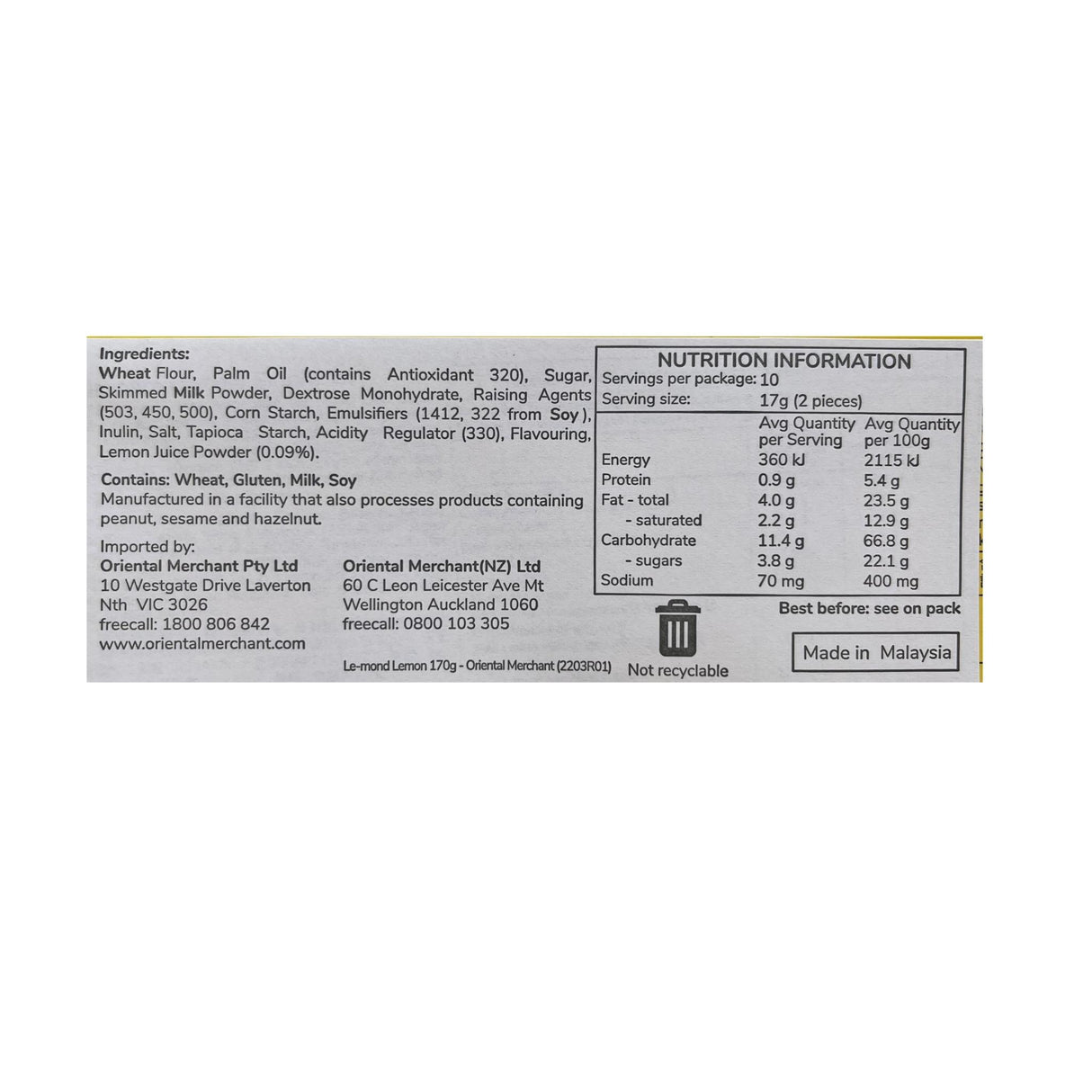 Julie's Lemond Puff Lemon 170g Nutritional Information & Ingredients