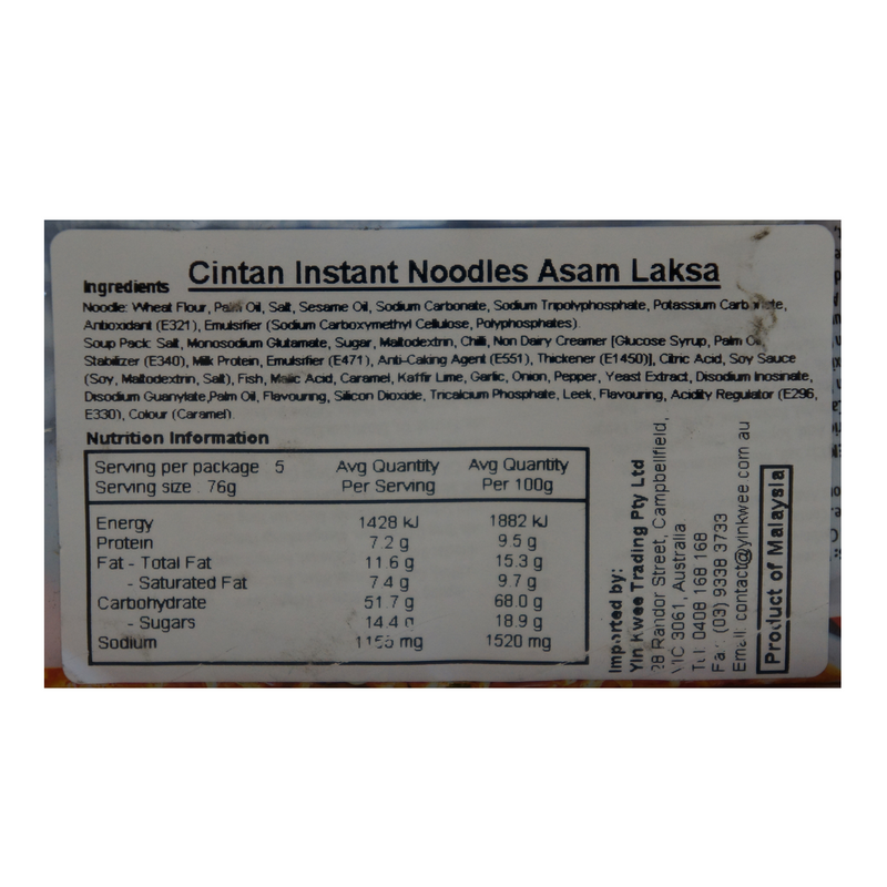 Cintan Instant Noodle Assam Laksa Flavour 355g Nutritional Information & Ingredients