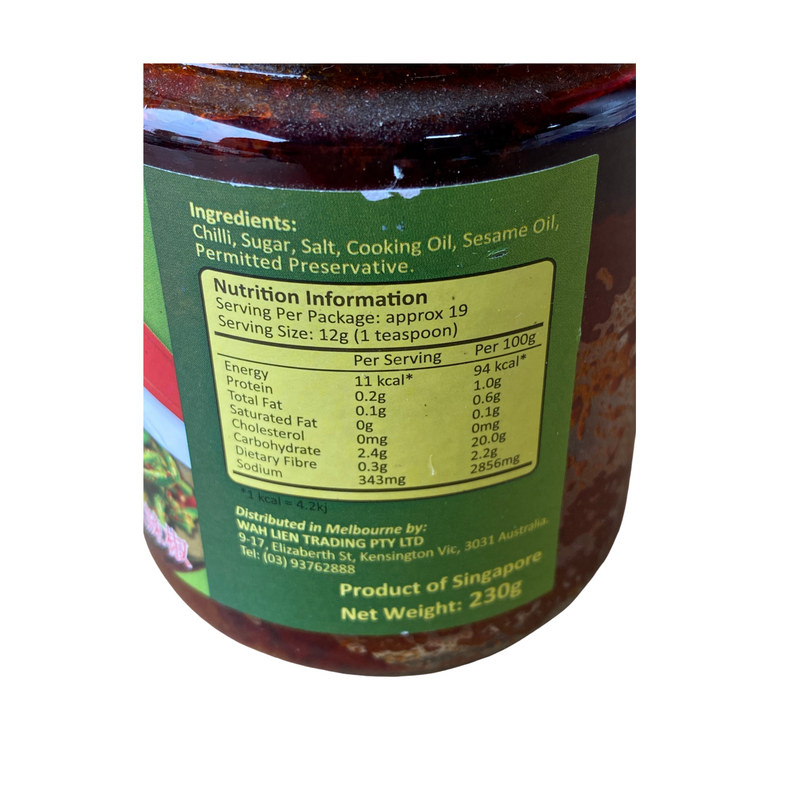 Singlong Vegetarian Sambal Chilli 230g Nutritional Information & Ingredients