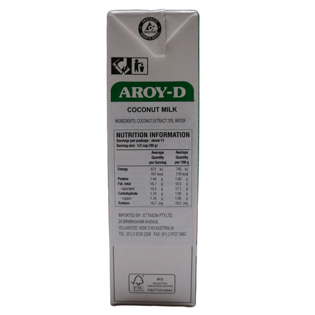 Aroy D Coconut Milk 1lt Back