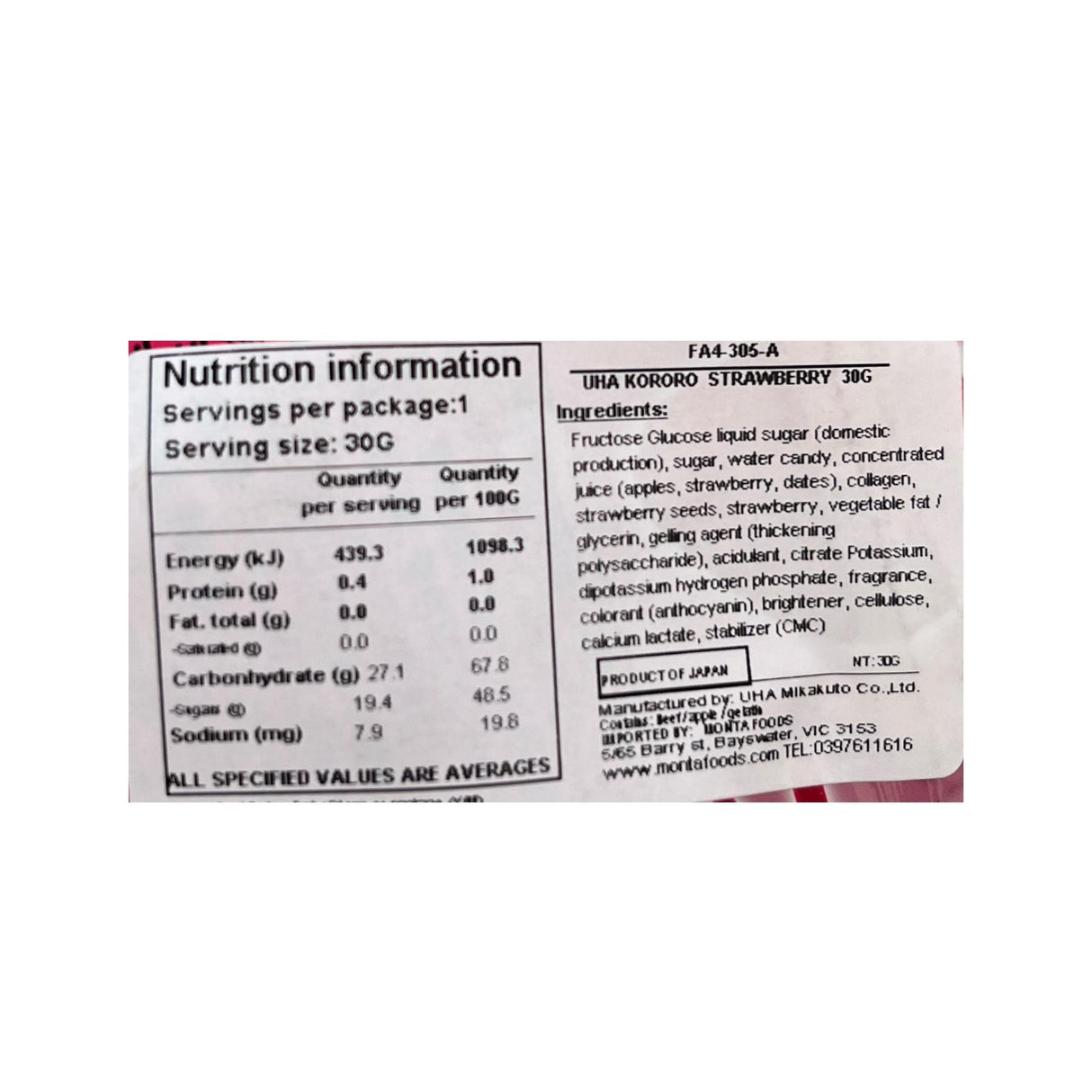 UHA Kororo Candy Strawberry Flavour 30g Back