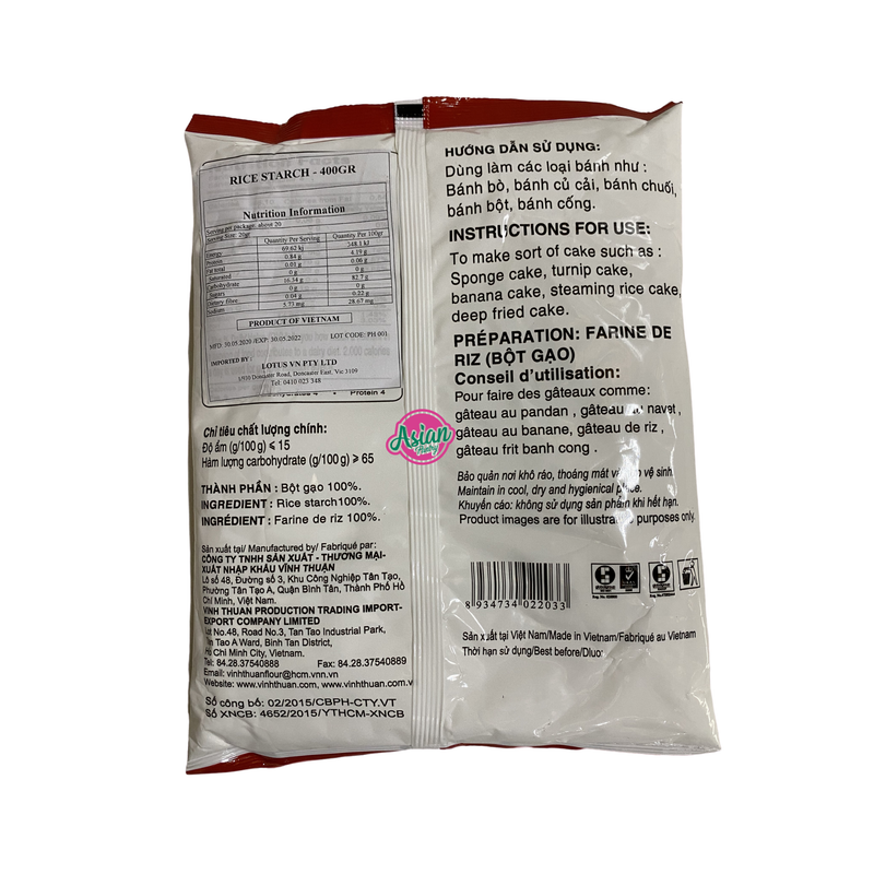 Vinh Thuan Bot Gao Rice Starch 400g Nutritional Information & Ingredients