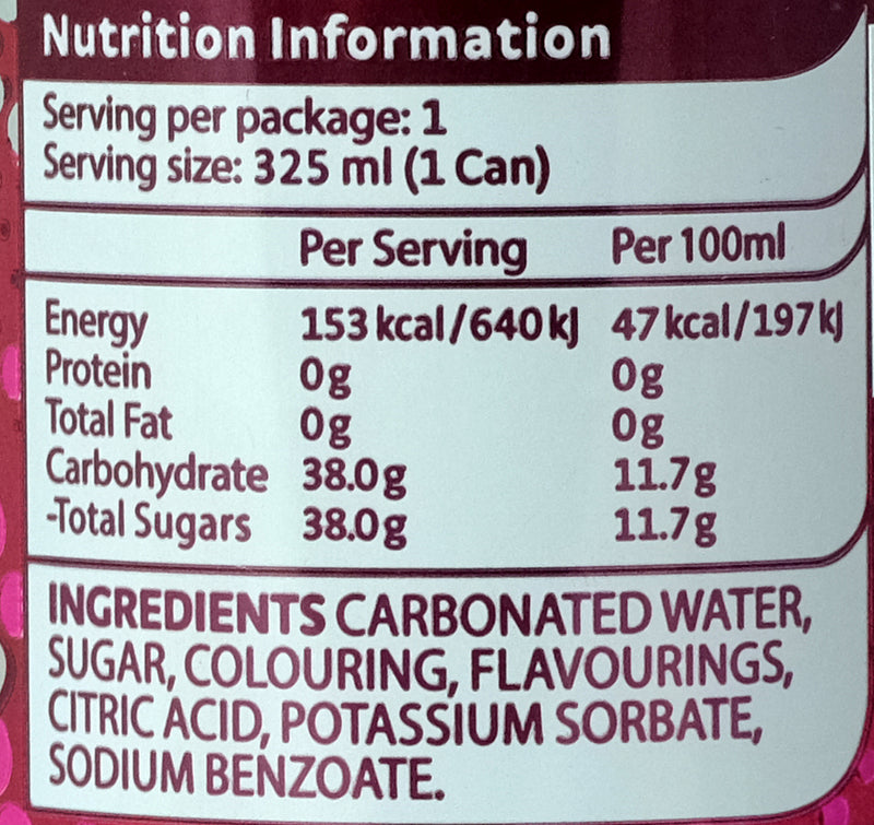 F&N Sarsi Drink 325ml Nutritional Information & Ingredients