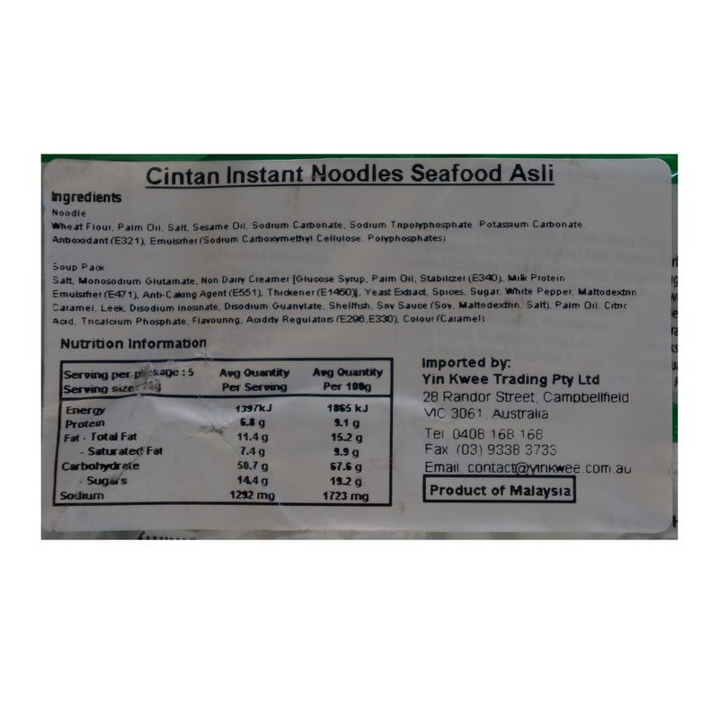 Cintan Instant Noodle Seafood Asli Flavour 5pk 355g Nutritional Information & Ingredients