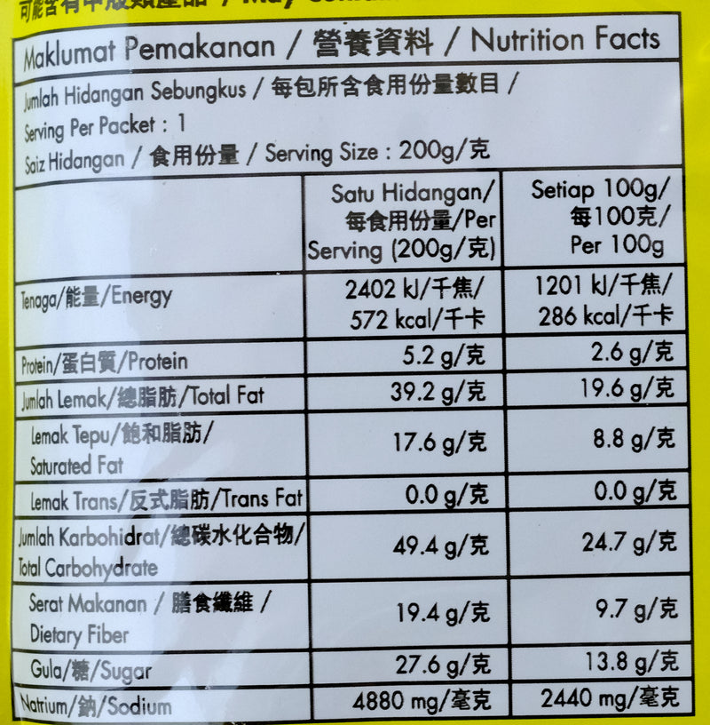 Tean's Gourmet Paste for Rendang 200g Nutritional Information & Ingredients