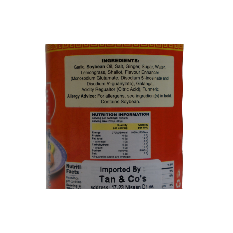 Lin Lin Hainanese Chicken Rice Paste 230g Nutritional Information & Ingredients