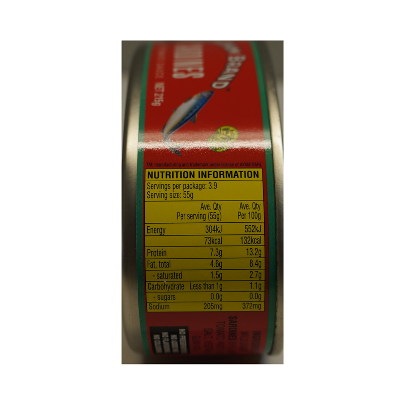 Ayam Brand Sardines in Tomato Sauce (easy open) 215g Nutritional Information & Ingredients