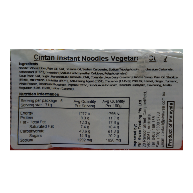 Cintan Instant Noodle Vegetarian Curry Flavour 5pk 355g Nutritional Information & Ingredients