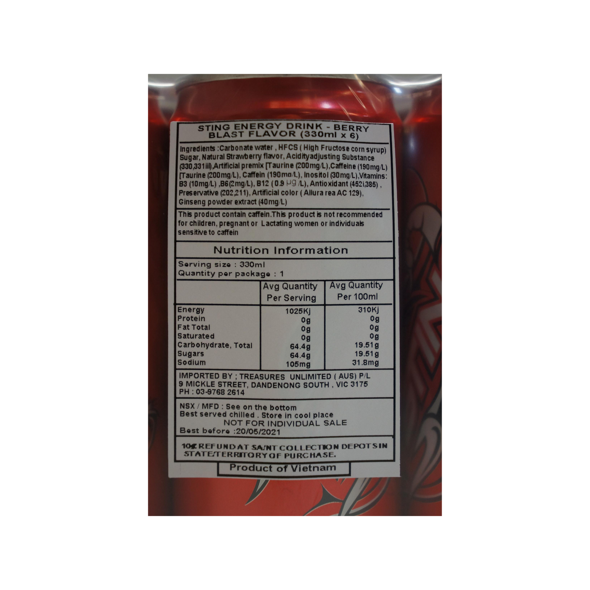 Sting Energy Berry Blast Flavour 6 pack 1980ml Back