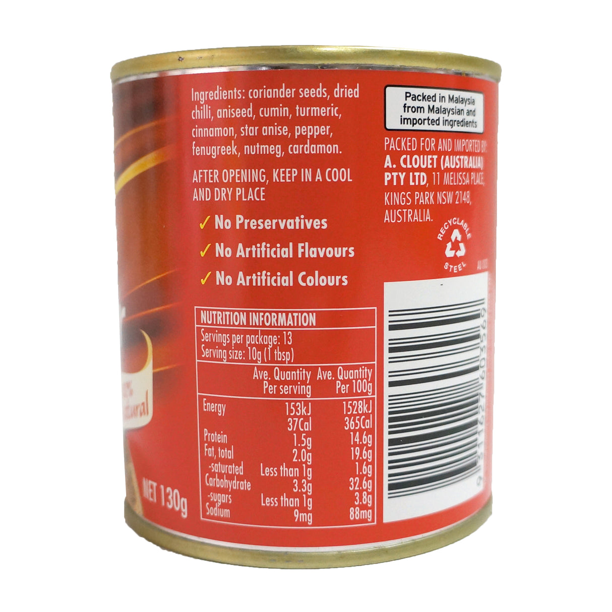 Ayam Brand Curry Powder Tin 130g Back