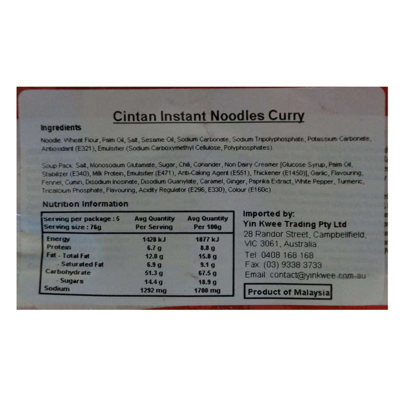 Cintan Instant Noodle Curry Flavour 355g Nutritional Information & Ingredients