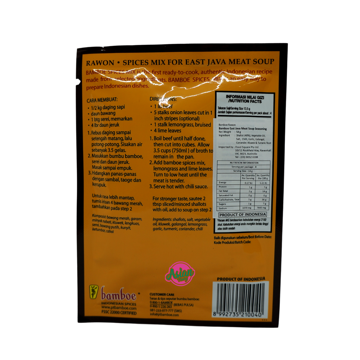 Bamboe Rawon Spices Mix 54g Back
