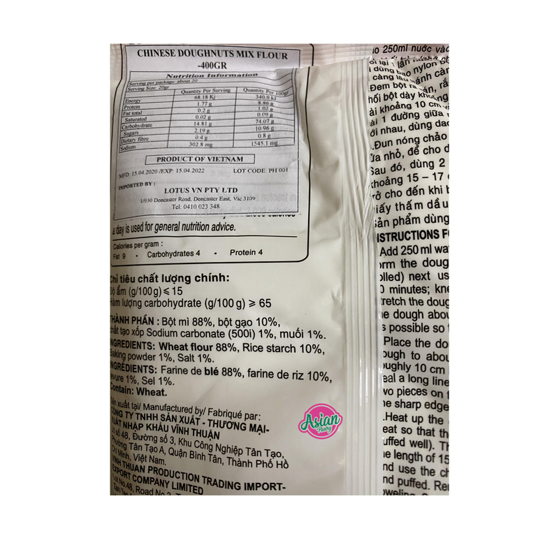 Vinh Thuan Chinese Doughnut Mix 400g Nutritional Information & Ingredients