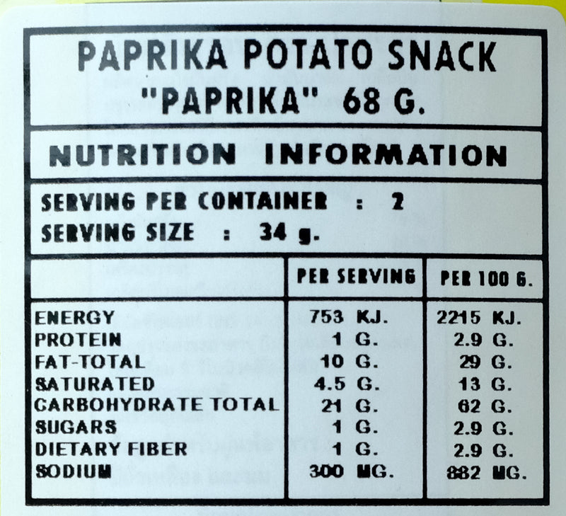 FF Paprika Potato Snack 68g Nutritional Information & Ingredients