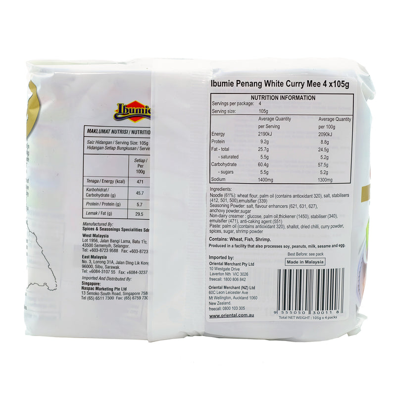 Ibumie Penang White Curry Mee 4 Pack 420g Back