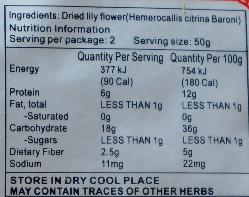 Goldfish Brand Dried Lily Flower 100g Nutritional Information & Ingredients