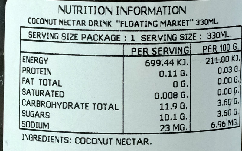 Floating Market Coconut Nectar Drink 330ml Nutritional Information & Ingredients