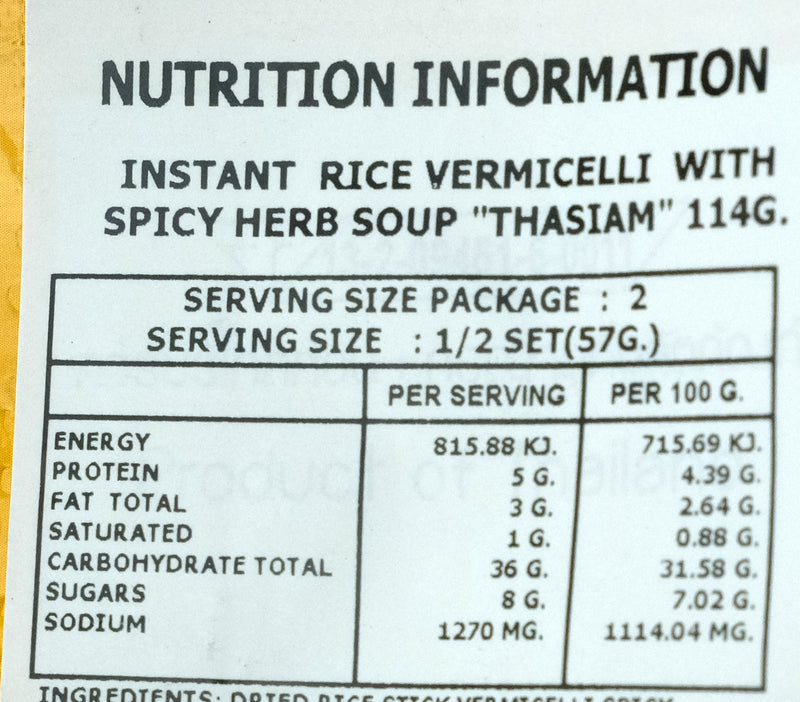 Thasiam Rice Vermicelli with Spicy Herb Soup 114g Nutritional Information & Ingredients