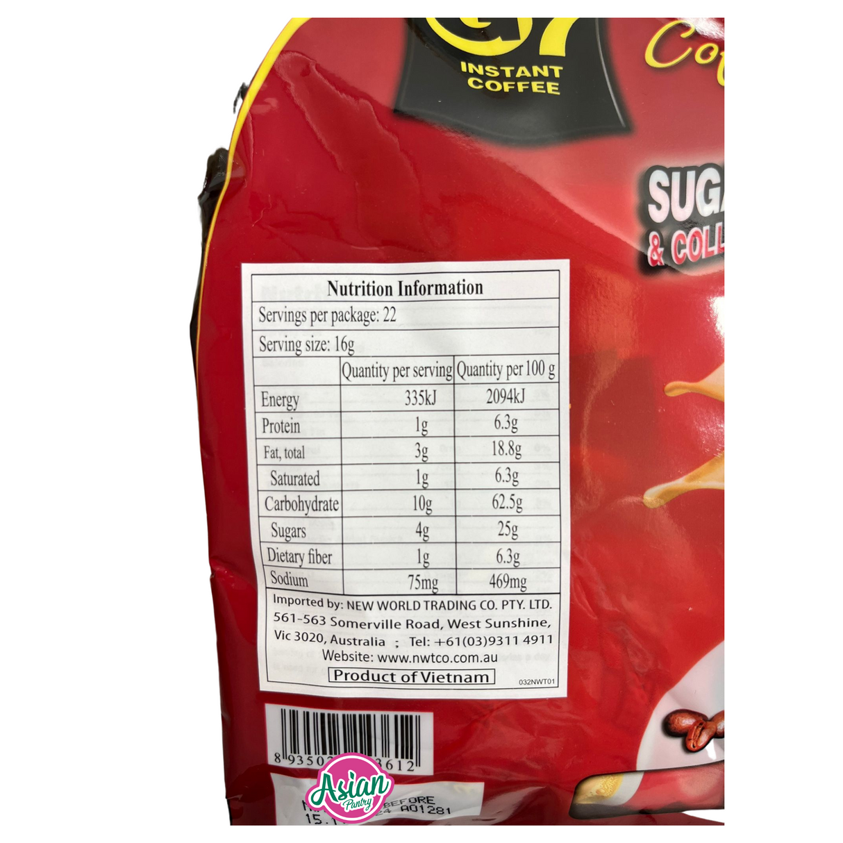 Trung Nguyen G7 Kopi Segera Tanpa Gula &amp; Ditambah Kolagen (22 Sachet) 352g